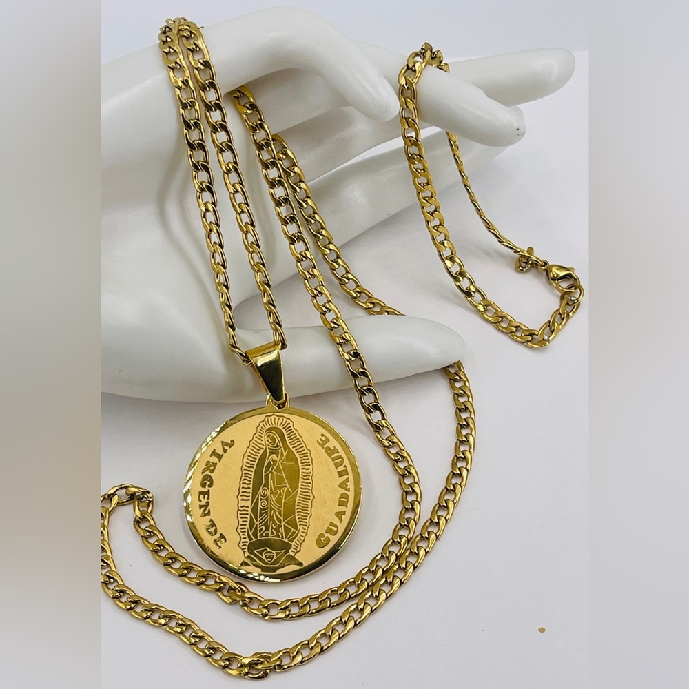 Virgin of Guadalupe Reverse Aztec Calendar Set Gold Plated on Stainless Steel